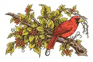 small red bird with yellow highlights in plumage perched among green leaves and brown branches. neck tattoo, right side tattoo design idea