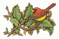 small red bird with yellow highlights in plumage perched among green leaves and brown branches. neck tattoo, right side tattoo design idea