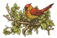 small red bird with yellow highlights in plumage perched among green leaves and brown branches. neck tattoo, right side tattoo design idea