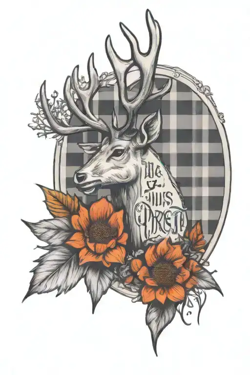 A stag head with thistles and wattles surrounding it incorporating the words "Je Suis Prest" and the fraser clan tartan tattoo design idea