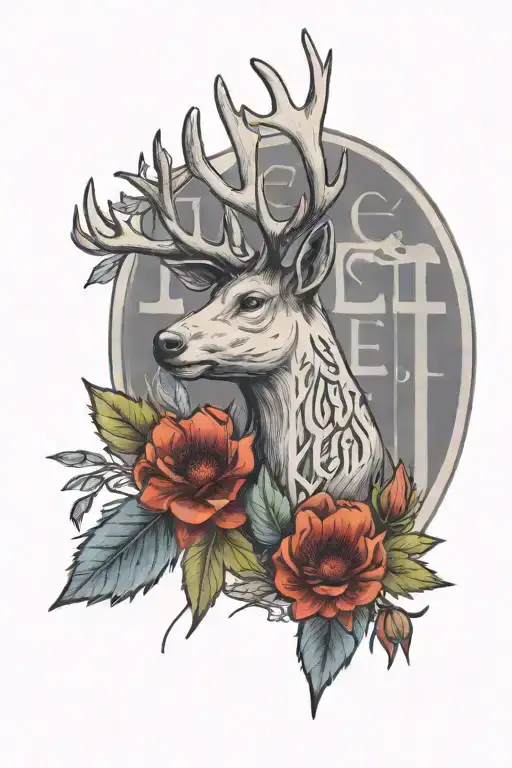 A stag head with thistles and wattles surrounding it incorporating the words "Je Suis Prest" tattoo design idea