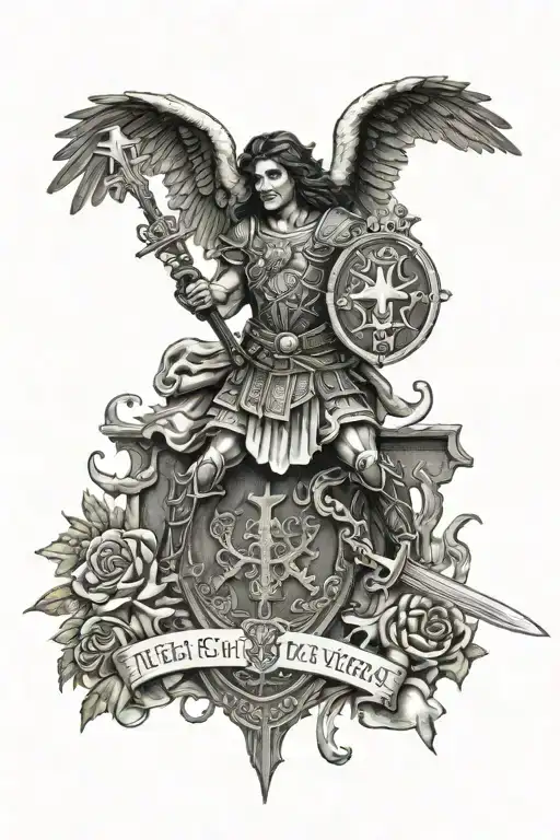 St. Michael with a sword and shield that has the Soldier's prayer. tattoo design idea