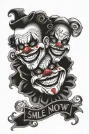 smile now cry later clown mask with rose and lettering filler tattoo design idea