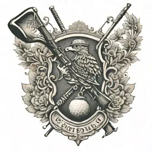 A hunting rifle and golf club crossed over each other with a family crest in the background tattoo design idea