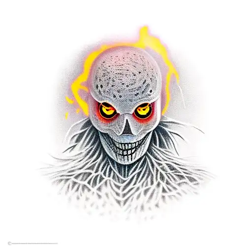 scarecrow with orange glowing eyes on post in feild tattoo design idea