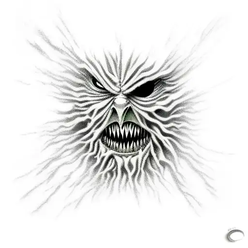 menacing scarecrow with orange glowing eyes on post in feild tattoo design idea