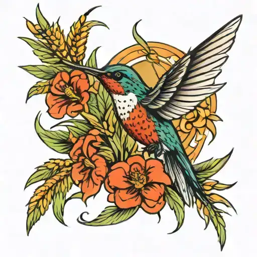 hummingbird and wheat shaft tattoo design idea