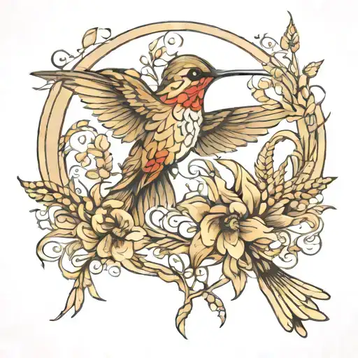 hummingbird and wheat shaft art nouveau tattoo design idea