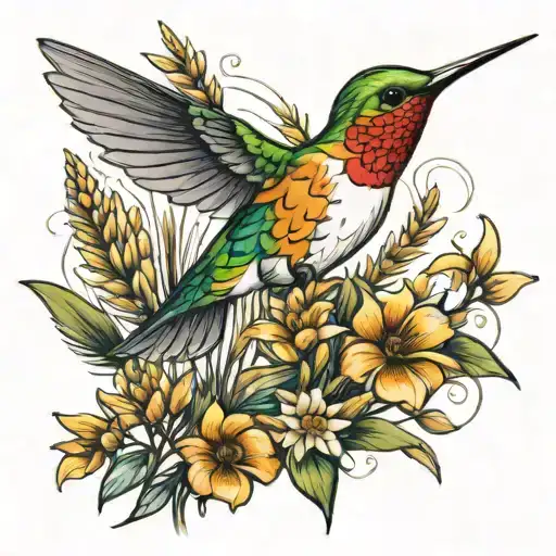hummingbird and wheat shaft tattoo design idea