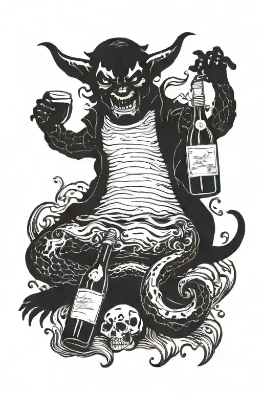 Devil sitting on a bottle of wine in the the ocean. In the background are siluetes of more bottles and devils on them tattoo design idea