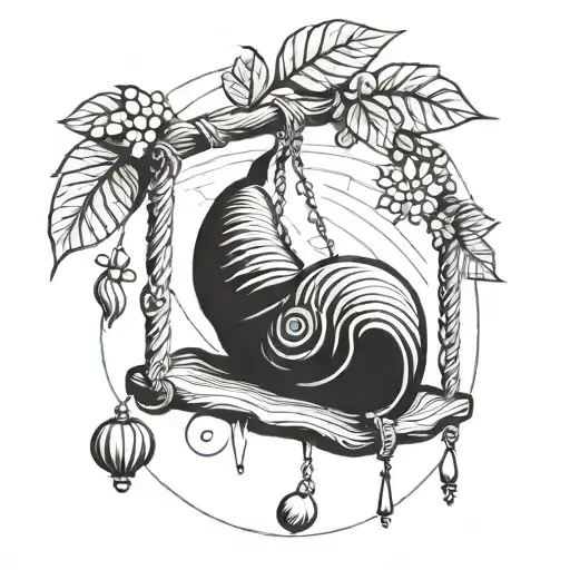 a snail on a swing. There is also a pineapple in the picture that is upside down. tattoo design idea