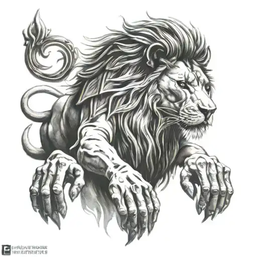 lion eyes, saint michael, god and adam reaching finger tips tattoo design idea