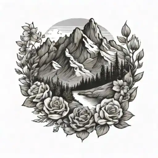 A tattoo design of a mountain landscape with wildflowers and roses blooming at the base, symbolizing growth and beauty tattoo design idea