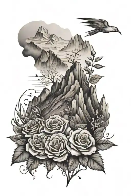 A tattoo design of a mountain landscape with wildflowers and roses blooming at the base, symbolizing growth and beauty tattoo design idea