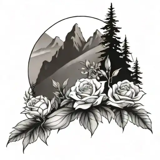A tattoo design of a mountain landscape with wildflowers and roses blooming at the base, symbolizing growth and beauty tattoo design idea