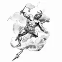Zeus throwing lightning bolt, on top of Olympus, fading in Miami skyline tattoo design idea