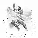 Zeus throwing lightning bolt, on top of Olympus, fading in Miami skyline tattoo design idea