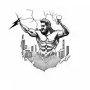 Zeus throwing lightning bolt, on top of Olympus, fading in Miami skyline tattoo design idea