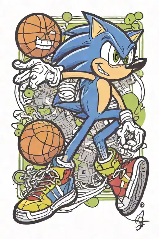 sonic the hedgehog dunking a basketball with shrek and jesus tattoo design idea