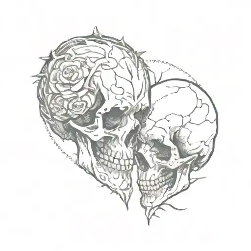two skulls facing away from  each other making a heart shap tattoo design idea