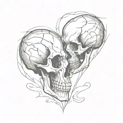 two skulls facing opposite directions creating a heart shape tattoo design idea