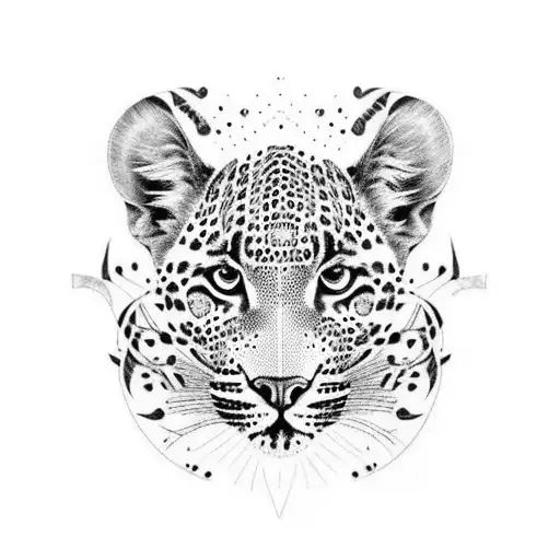 A sleeve tattoo featuring realistic portraits of a leopard, wild dog, and elephant, with intricate patterns inspired by African tribal art tattoo design idea