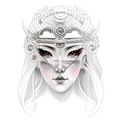 Goddess Hel with tear in eye embracing Japanese Akita tattoo design idea