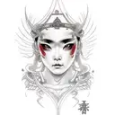 Goddess Hel with tear in eye embracing Japanese Akita tattoo design idea