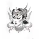 Goddess Hel with tear in eye embracing Japanese Akita tattoo design idea