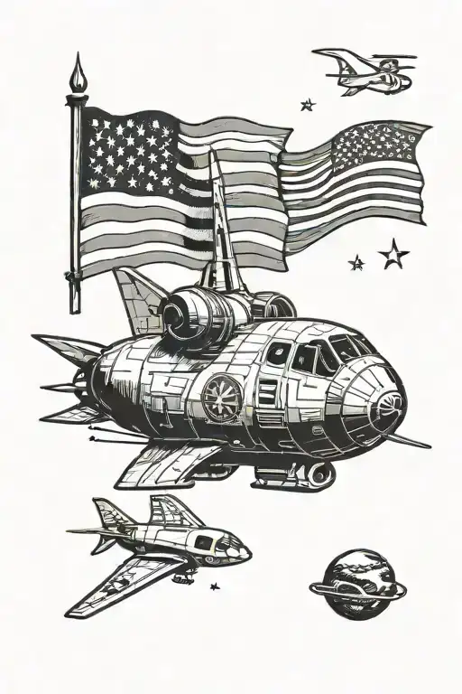 nasa spaceship and moon with american flag on it and no stars tattoo design idea