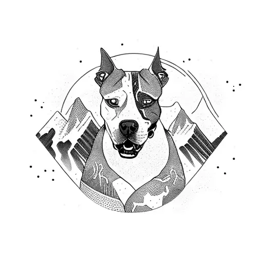 A tattoo design of a pitbull playing a guitar on a mountain peak, capturing the client's love for music, mountains, and pitbulls tattoo design idea