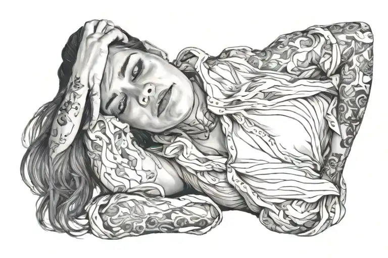 woman feeling pain , distress , sorrow, grief,moarning , fades out  , 3D, 4K ,clear and looks life like tattoo design idea