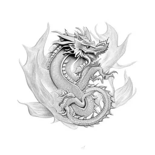 A black-grey design of a dragon emerging from a lotus flower, symbolizing the transformation of desire into love. tattoo design idea