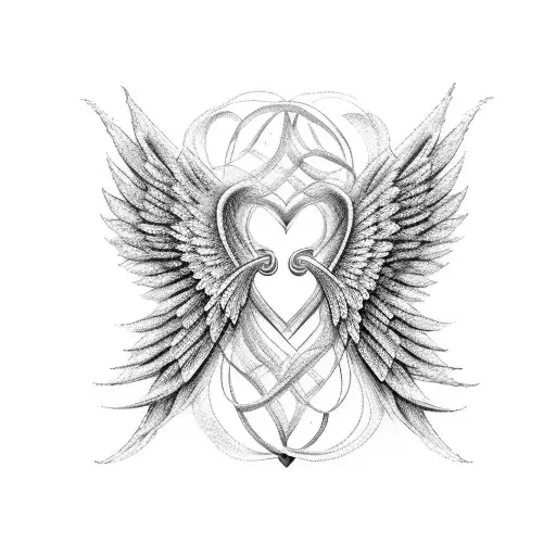 An intricate design of angel wings intertwined with a heart symbolizing love and sensuality tattoo design idea