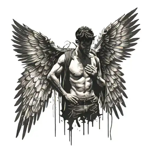silhouette of man standing with broken wings lower part of his body crumbles. eyes should be covered with a blindfold tattoo design idea