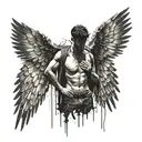 silhouette of man standing with broken wings lower part of his body crumbles. eyes should be covered with a blindfold tattoo design idea