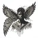 silhouette of man standing with broken wings lower part of his body crumbles. eyes should be covered with a blindfold tattoo design idea