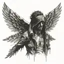 silhouette of man standing with broken wings lower part of his body crumbles. eyes should be covered with a blindfold tattoo design idea