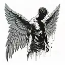 silhouette of man standing with broken wings lower part of his body crumbles. eyes should be covered with a blindfold tattoo design idea