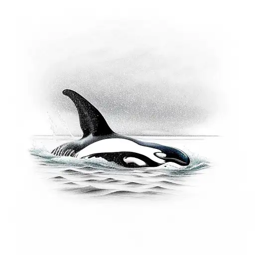 killer whale emerging from the water during a storm in a gloomy black and white  tattoo design idea