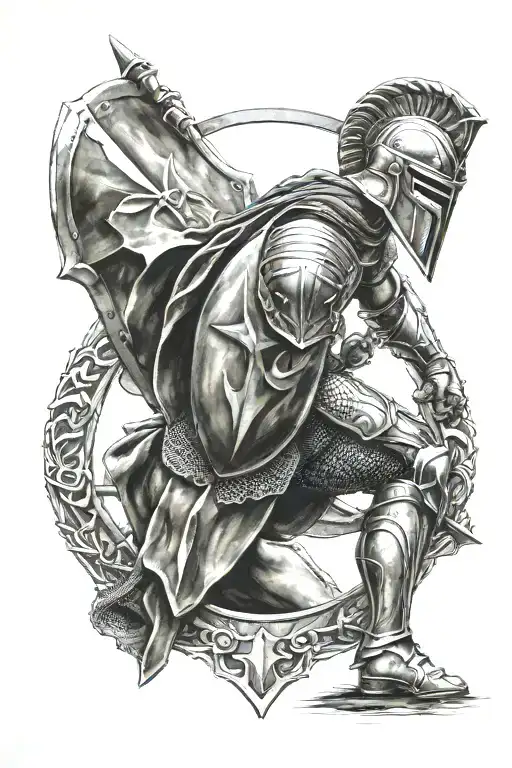 knight kneeling spartan sheild tattoo design idea