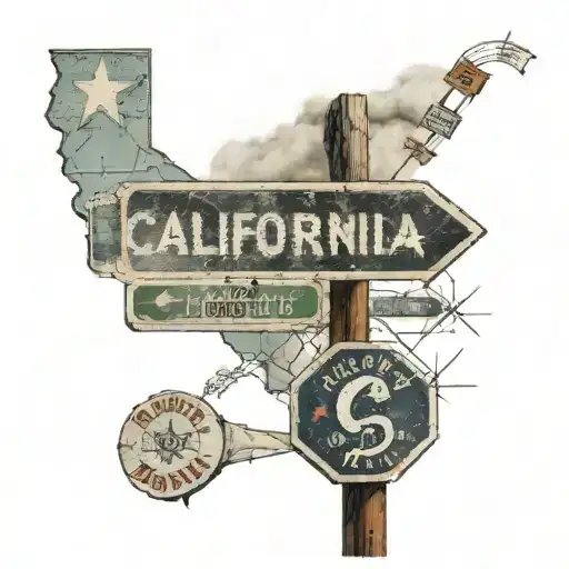 street sign in front of california state outline with shaded clouds in the background and small msic notes throughout tattoo design idea