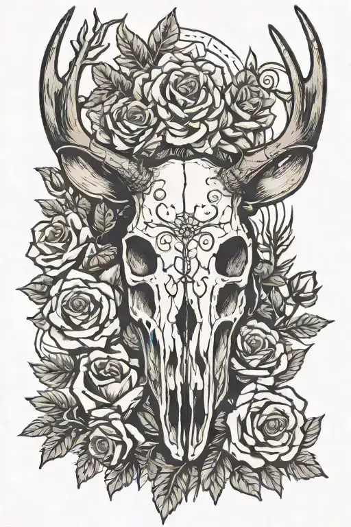 Deer skull with roses and pine trees tattoo design idea
