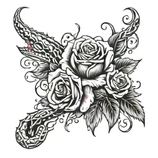 Sketch of a tattoo on the collarbone of a vine with thorns and blooming roses, a snake crawls on it, tearing off its skin to the bones tattoo design idea