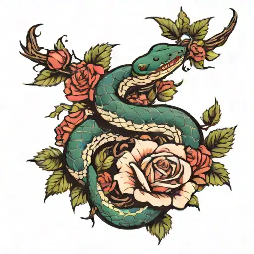 A vine with thorns and blooming roses has a snake crawling on it, tearing off its skin to the bones and wrapping it all around its collarbone. tattoo design idea