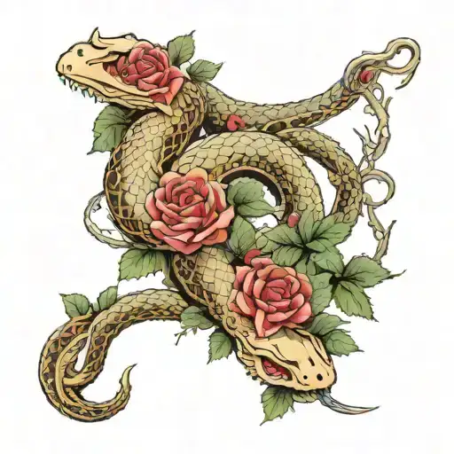 A vine with thorns and blooming roses has a snake crawling on it, tearing off its skin to the bones and wrapping it all around its collarbone. tattoo design idea