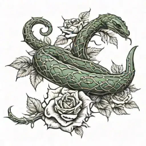 A vine with thorns and blooming roses has a snake crawling on it, tearing off its skin to the bones and wrapping it all around its collarbone. tattoo design idea
