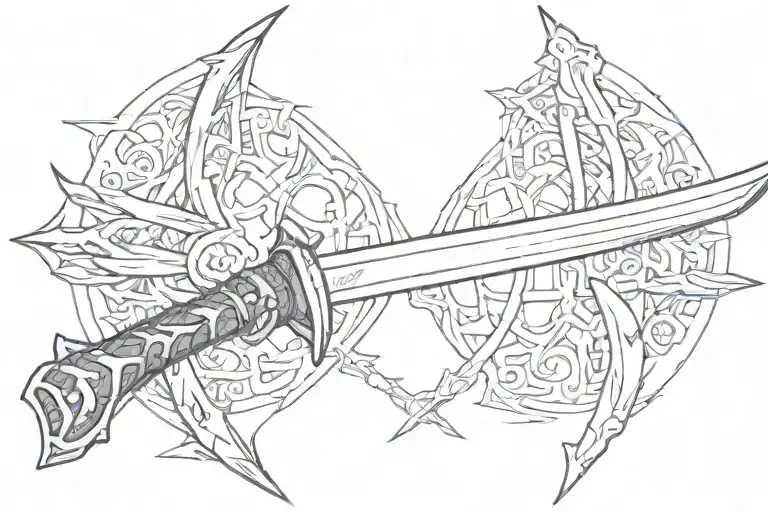 katana, halo with cross through it  tattoo design idea