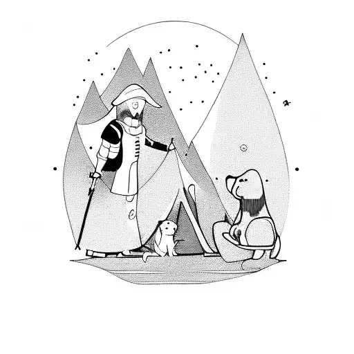 Camping scene with a viking warrior and a loyal dog by an olivenbaum tree tattoo design idea