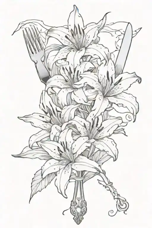black and white lilies with a fork and knife crossed tattoo design idea
